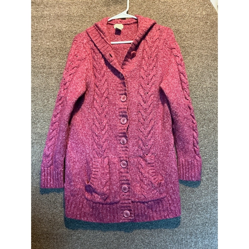 LL Bean Hooded Cardigan Wool Blend L-Reg O HPRI Mauve Rose Long Sleeve